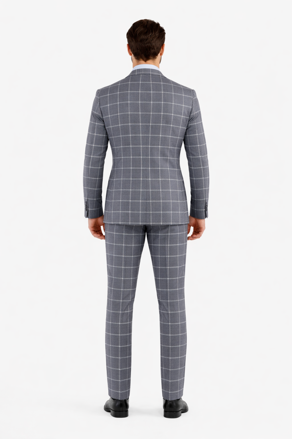 Mens Plaid Suit - Windowpane Pattern With Vest - Business Suit Grey