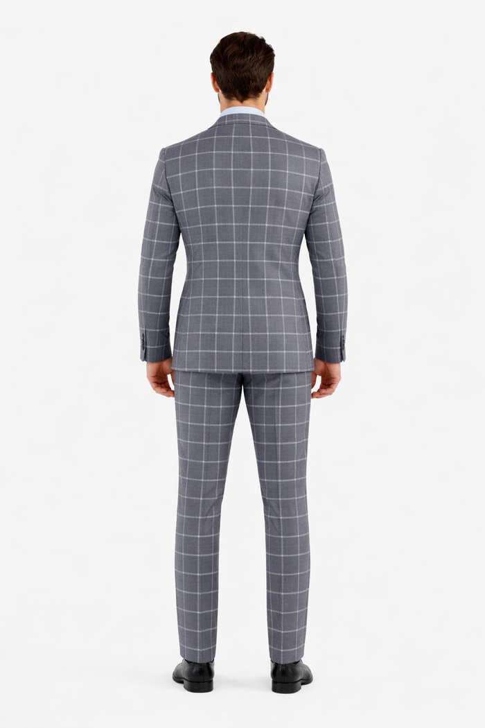 Mens Plaid Suit - Windowpane Pattern With Vest - Business Suit Grey
