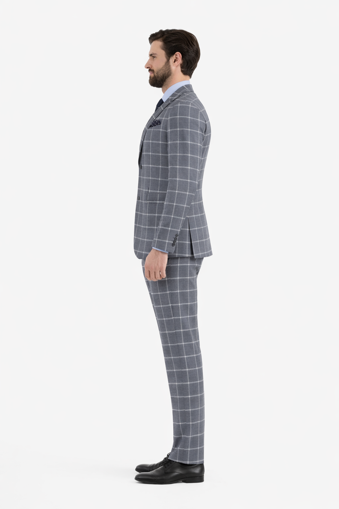 Mens Plaid Suit - Windowpane Pattern With Vest - Business Suit Grey