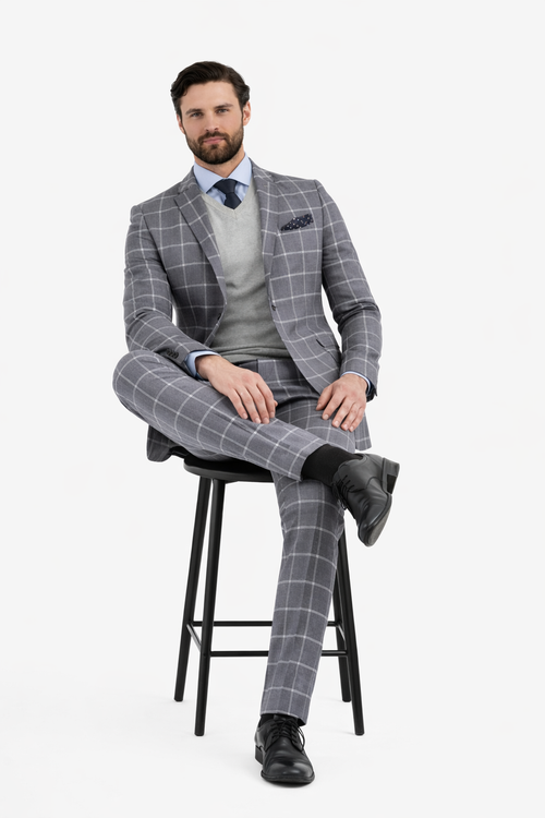 Mens Plaid Suit - Windowpane Pattern With Vest - Business Suit Grey