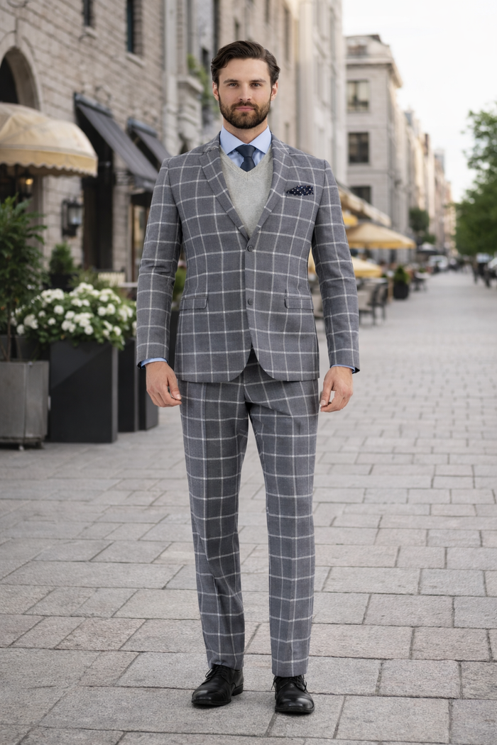Mens Plaid Suit - Windowpane Pattern With Vest - Business Suit Grey