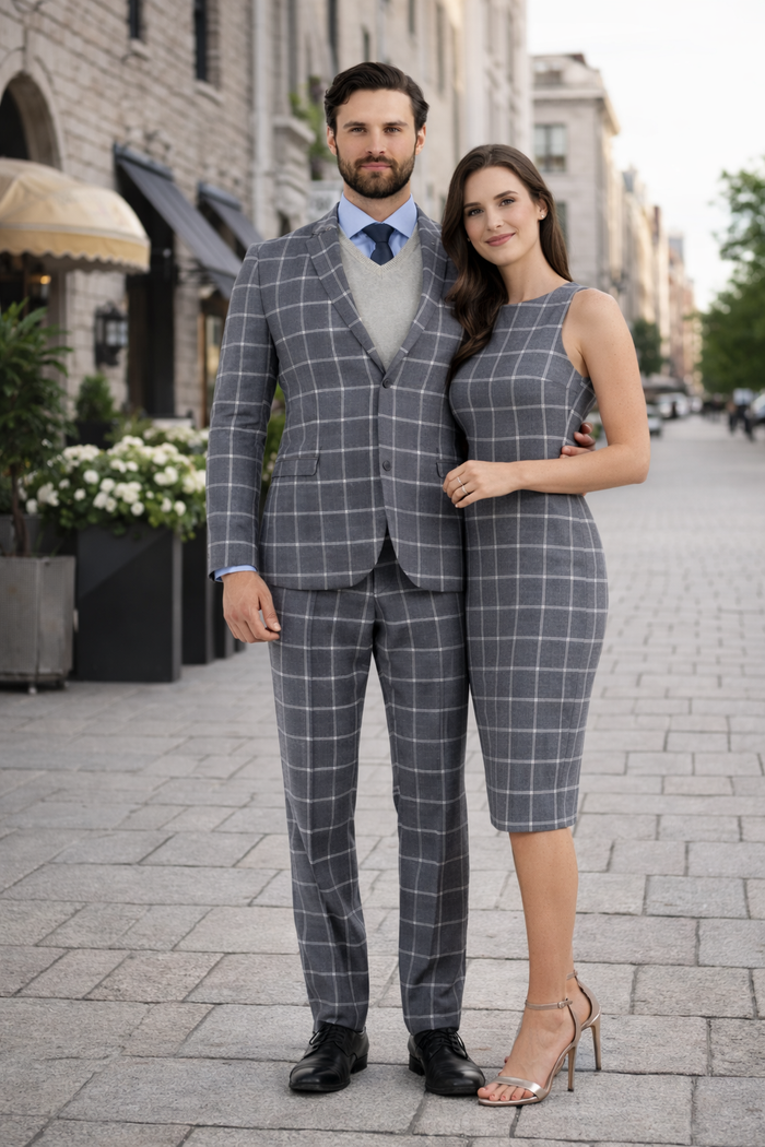 Mens Plaid Suit - Windowpane Pattern With Vest - Business Suit Grey