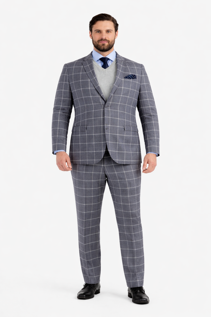 Mens Plaid Suit - Windowpane Pattern With Vest - Business Suit Grey