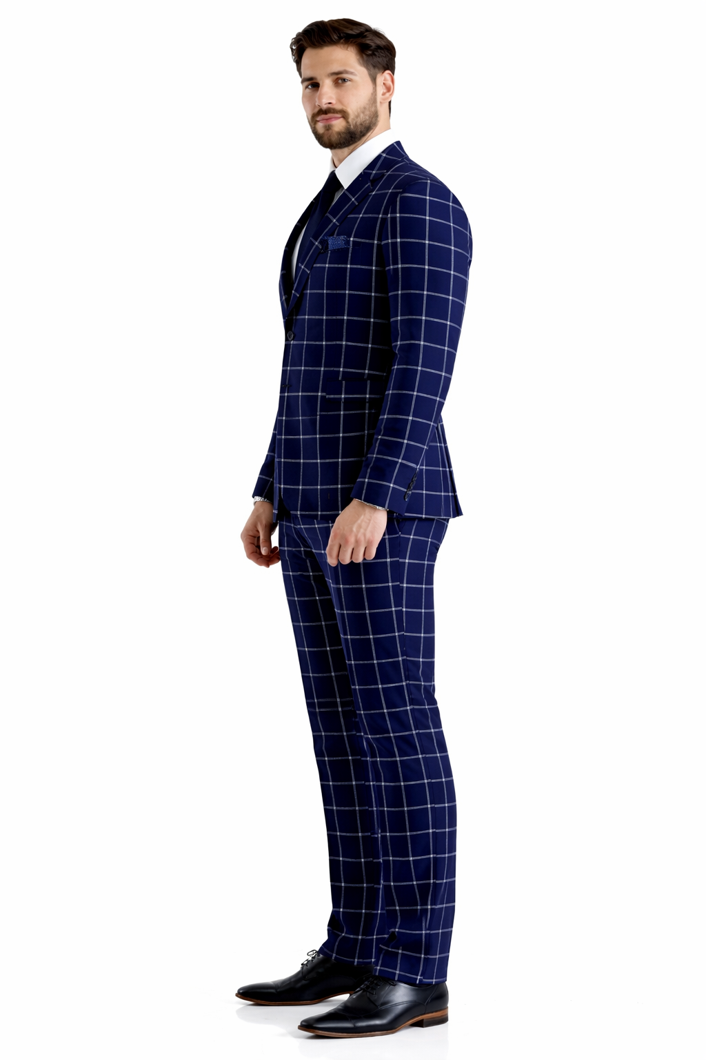 Mens Plaid Suit - Windowpane Pattern With Vest - Business Suit Navy