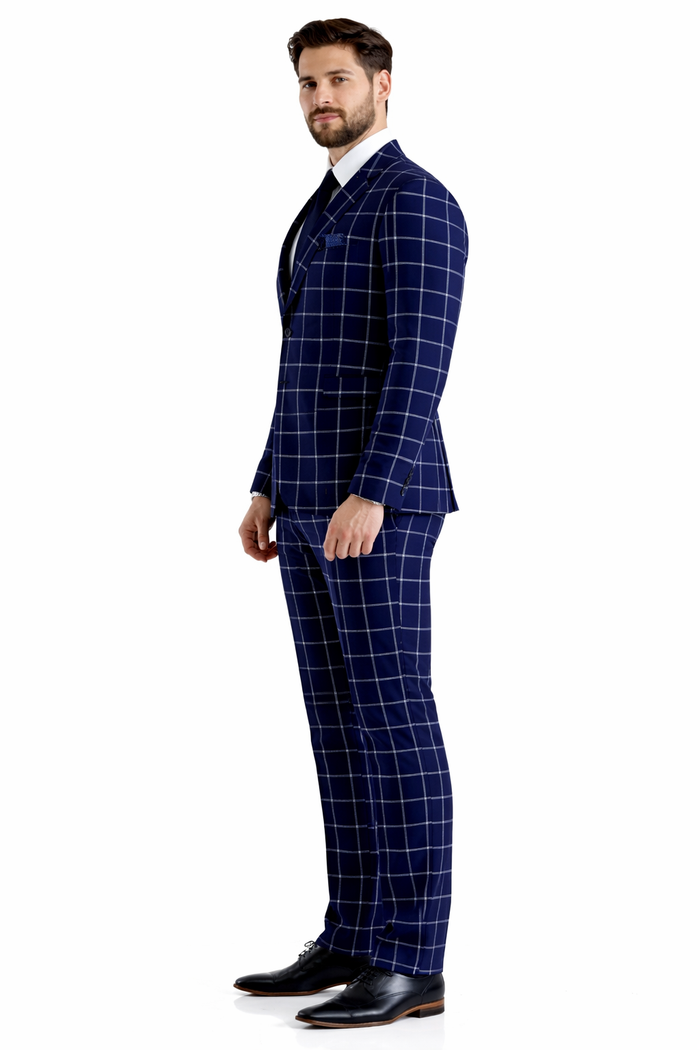 Mens Plaid Suit - Windowpane Pattern With Vest - Business Suit Navy