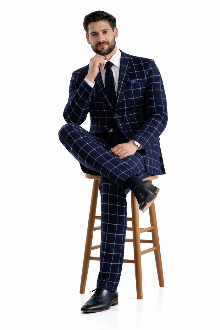 Mens Plaid Suit - Windowpane Pattern With Vest - Business Suit Navy