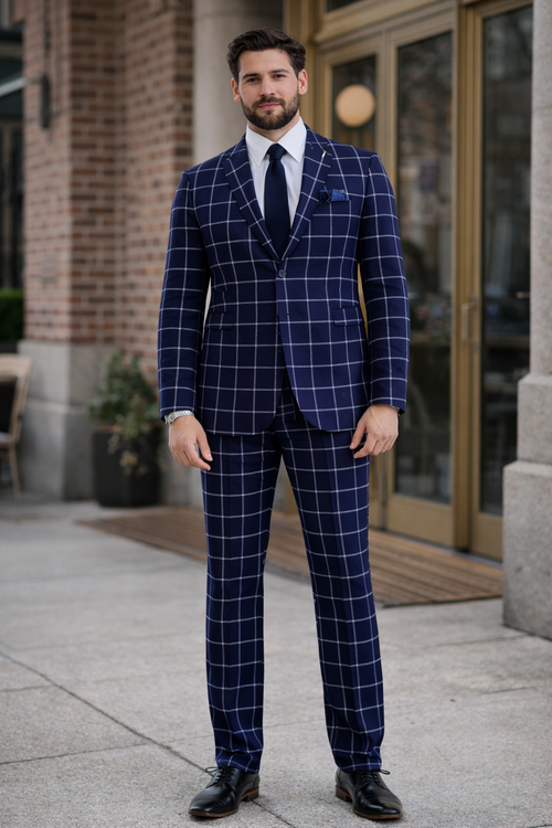 Mens Plaid Suit - Windowpane Pattern With Vest - Business Suit Navy