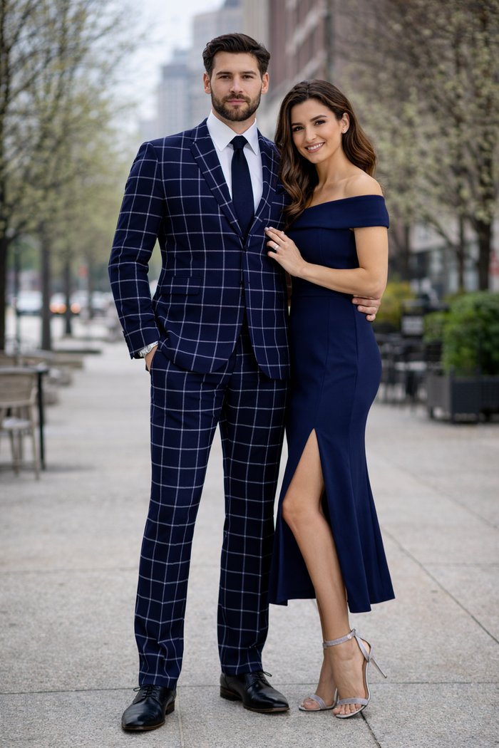 Mens Plaid Suit - Windowpane Pattern With Vest - Business Suit Navy