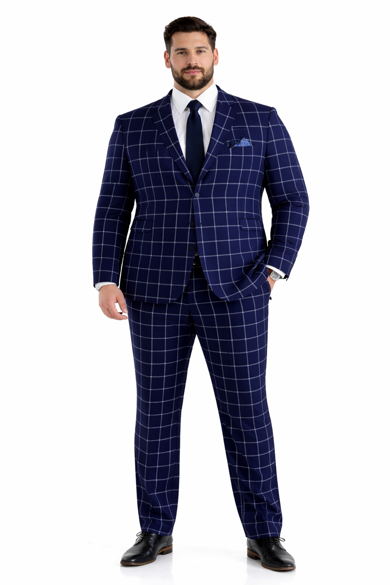 Mens Plaid Suit - Windowpane Pattern With Vest - Business Suit Navy