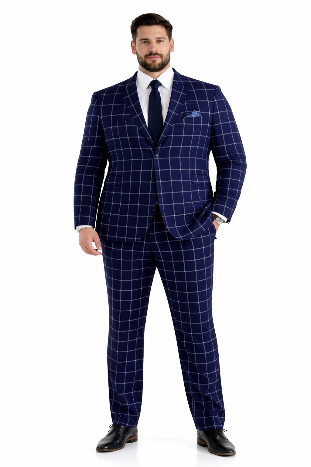 Mens Plaid Suit - Windowpane Pattern With Vest - Business Suit Navy