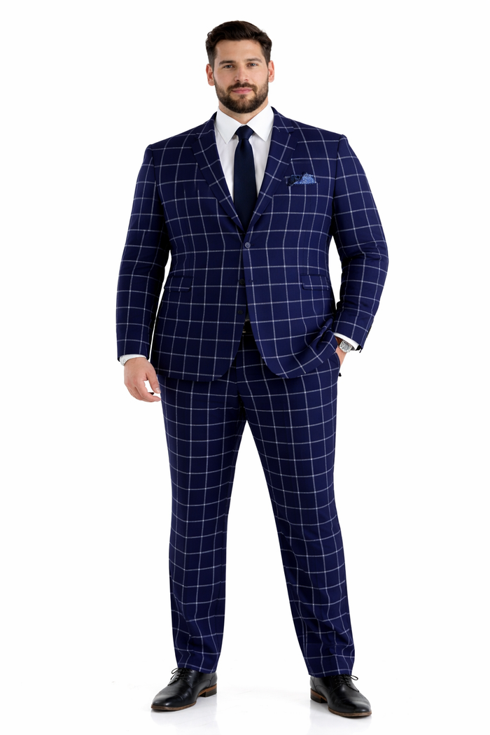 Mens Plaid Suit - Windowpane Pattern With Vest - Business Suit Navy