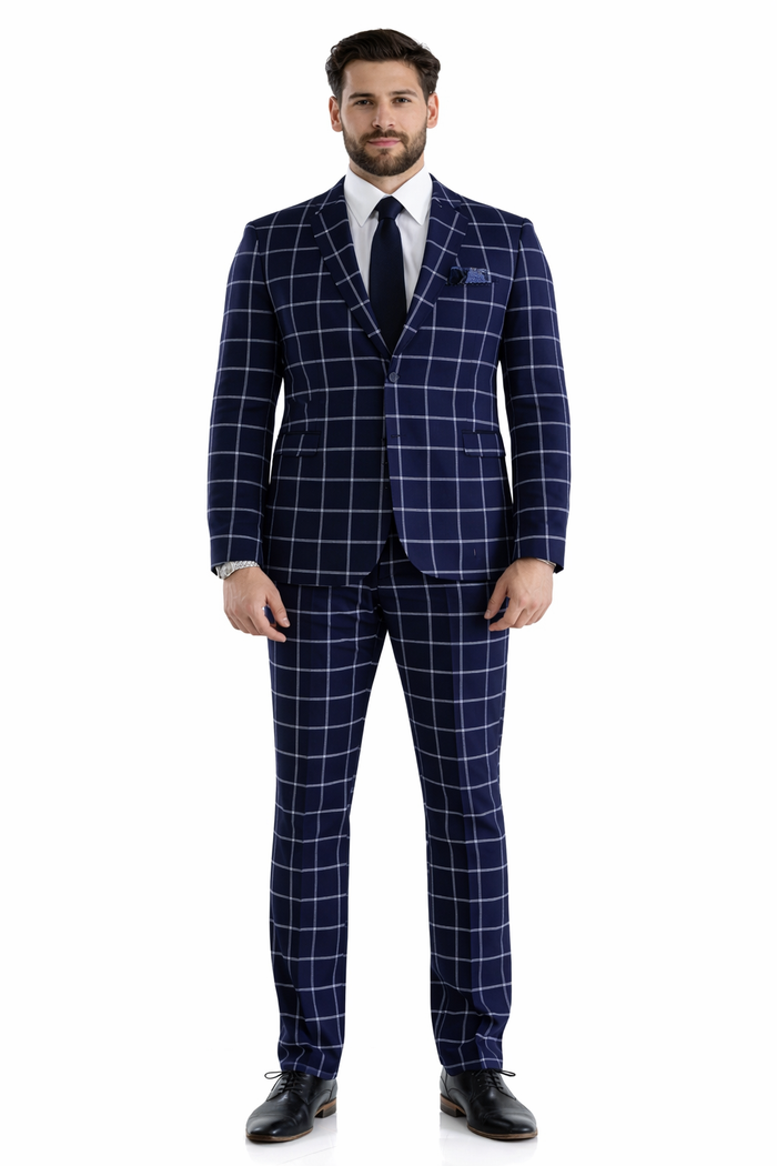 Mens Plaid Suit - Windowpane Pattern With Vest - Business Suit Navy