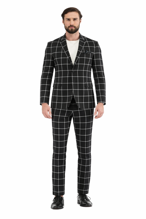 Mens Plaid Suits - Windowpane Pattern With Vest -Business Suit Black