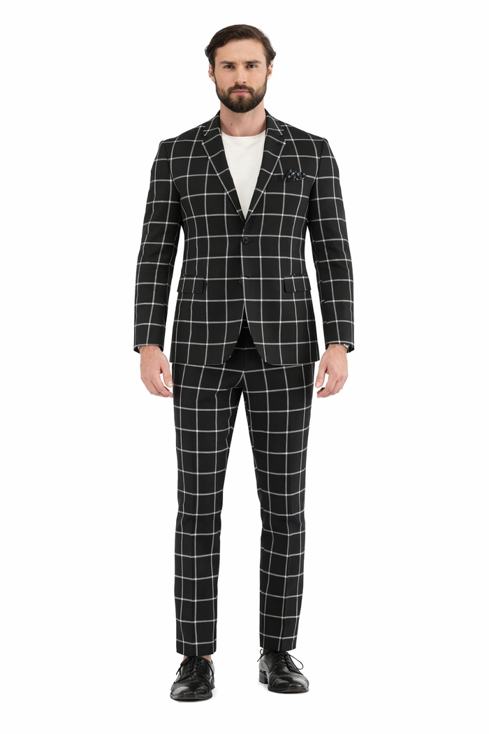 Mens Plaid Suits - Windowpane Pattern With Vest -Business Suit Black