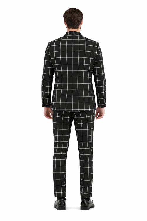 Mens Plaid Suits - Windowpane Pattern With Vest -Business Suit Black