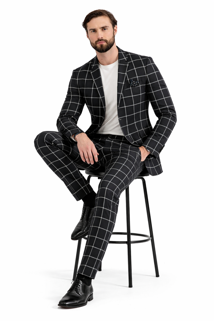 Mens Plaid Suits - Windowpane Pattern With Vest -Business Suit Black