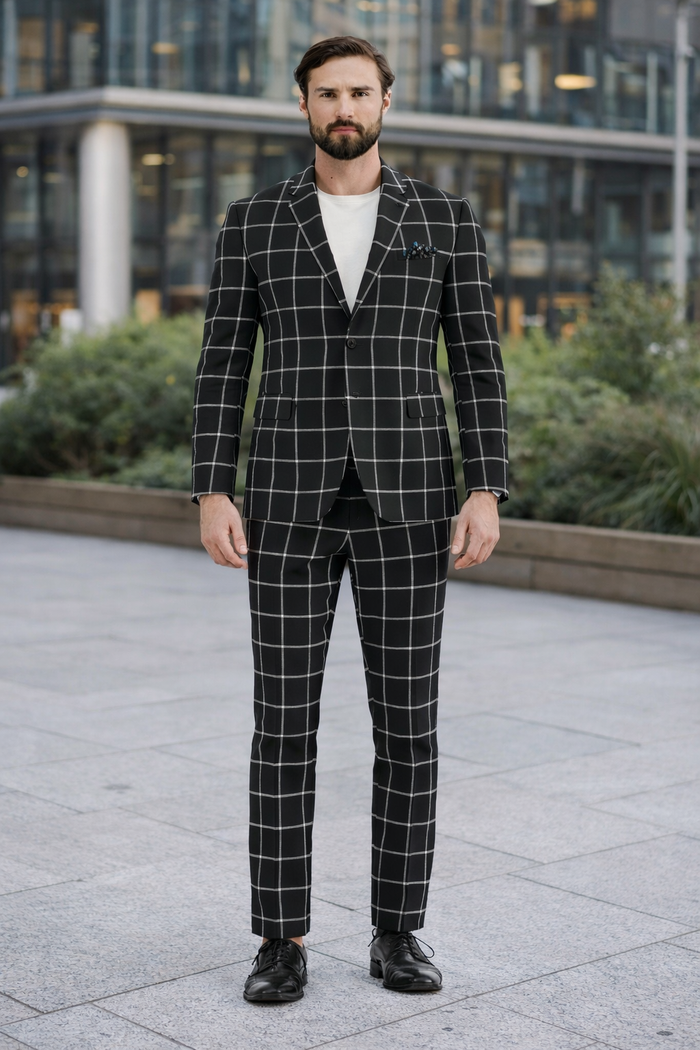 Mens Plaid Suits - Windowpane Pattern With Vest -Business Suit Black