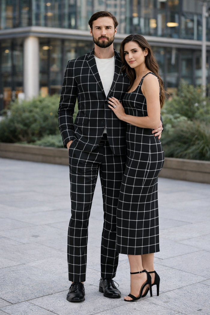 Mens Plaid Suits - Windowpane Pattern With Vest -Business Suit Black