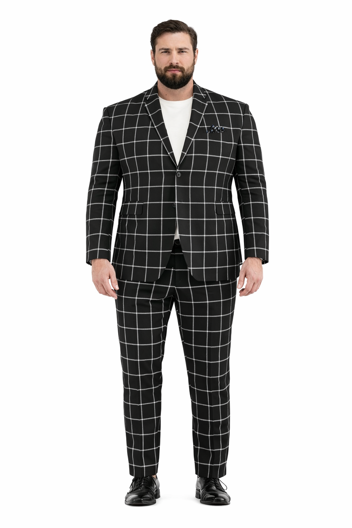 Mens Plaid Suits - Windowpane Pattern With Vest -Business Suit Black