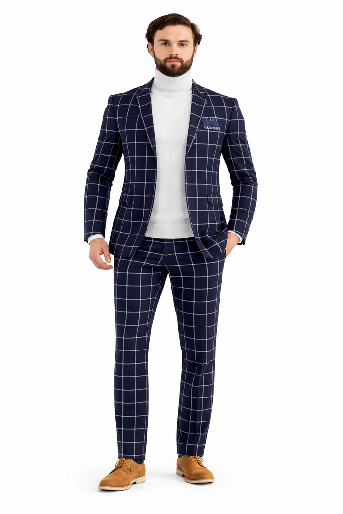 Mens Plaid Suits - Windowpane Pattern With Vest -Business Suit Navy