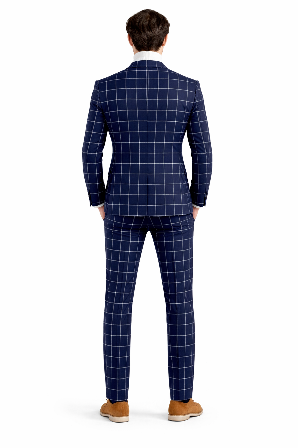 Mens Plaid Suits - Windowpane Pattern With Vest -Business Suit Navy