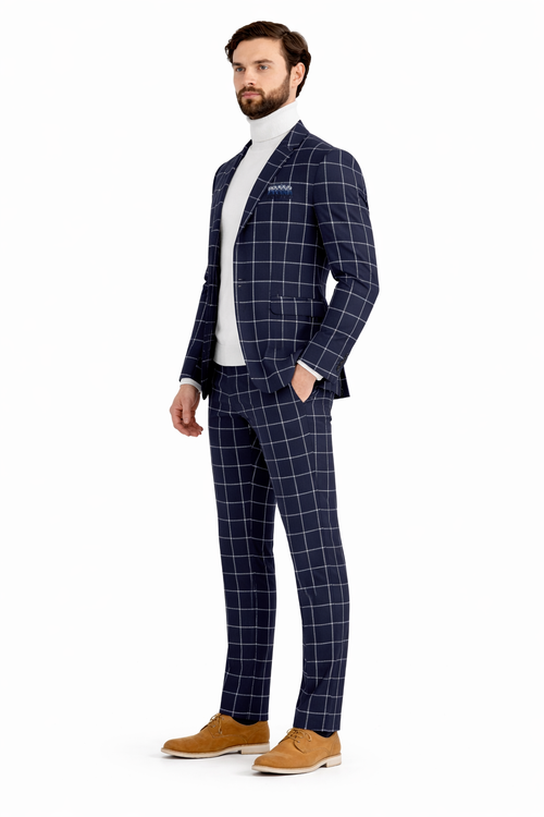 Mens Plaid Suits - Windowpane Pattern With Vest -Business Suit Navy