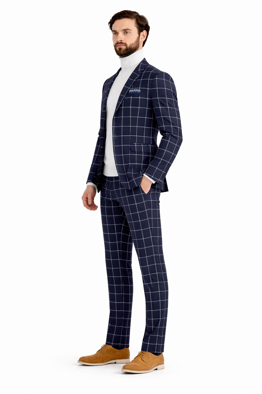 Mens Plaid Suits - Windowpane Pattern With Vest -Business Suit Navy