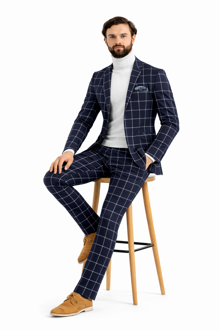 Mens Plaid Suits - Windowpane Pattern With Vest -Business Suit Navy