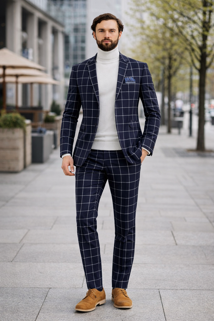 Mens Plaid Suits - Windowpane Pattern With Vest -Business Suit Navy