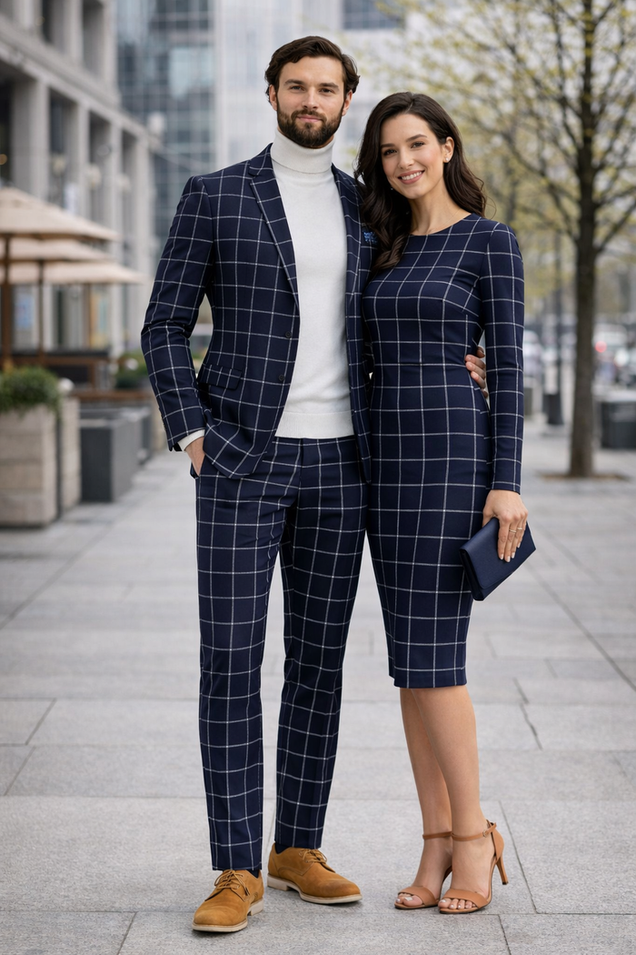Mens Plaid Suits - Windowpane Pattern With Vest -Business Suit Navy