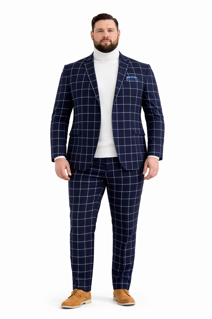 Mens Plaid Suits - Windowpane Pattern With Vest -Business Suit Navy