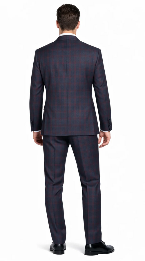 Mens Plaid Suits - Windowpane Wool Suits - Navy Blue with Dark Burgundy Pattern - Business Wool Suit in Classic or modern fit