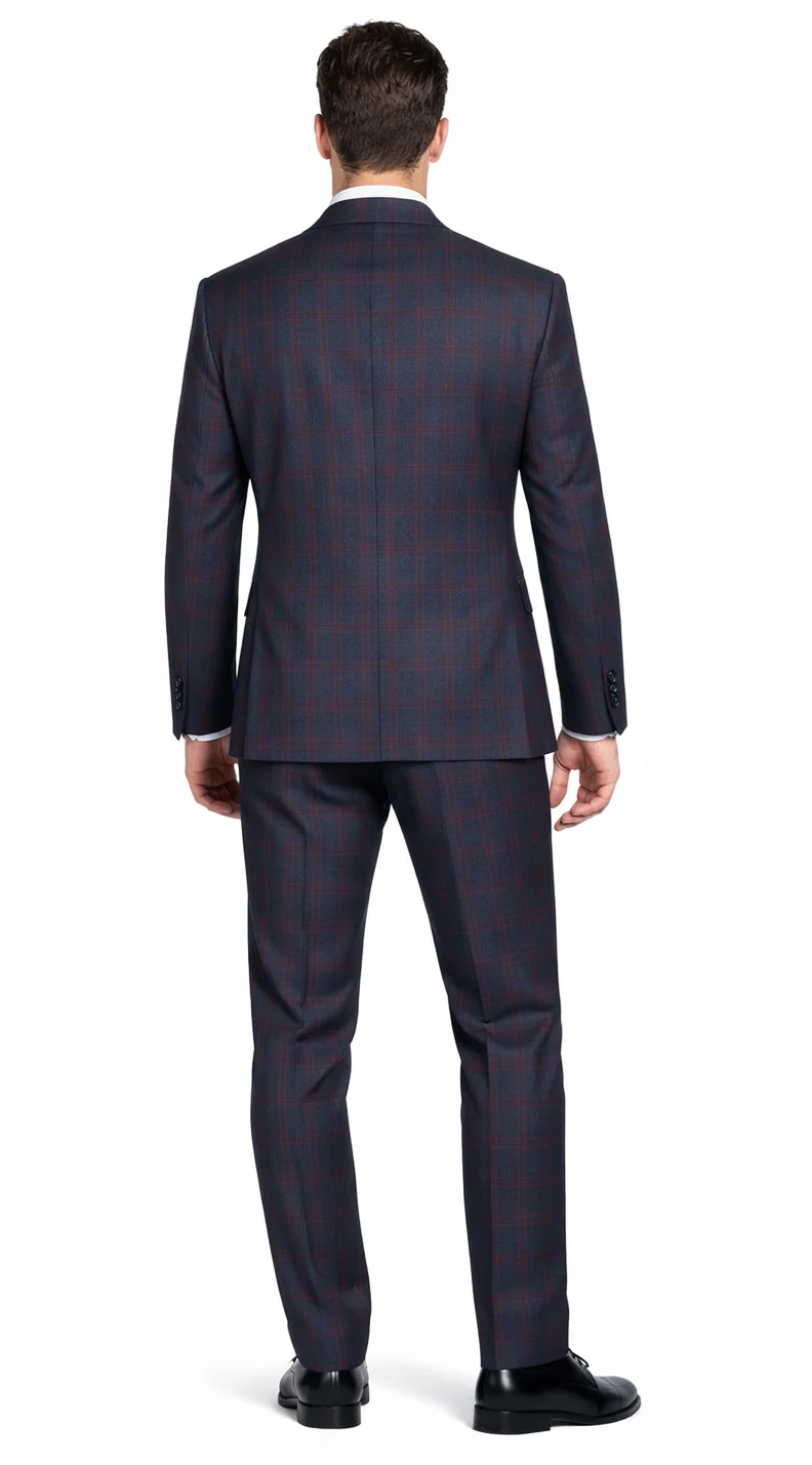Mens Plaid Suits - Windowpane Wool Suits - Navy Blue with Dark Burgundy Pattern - Business Wool Suit in Classic or modern fit
