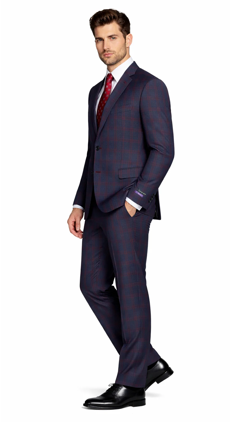 Mens Plaid Suits - Windowpane Wool Suits - Navy Blue with Dark Burgundy Pattern - Business Wool Suit in Classic or modern fit