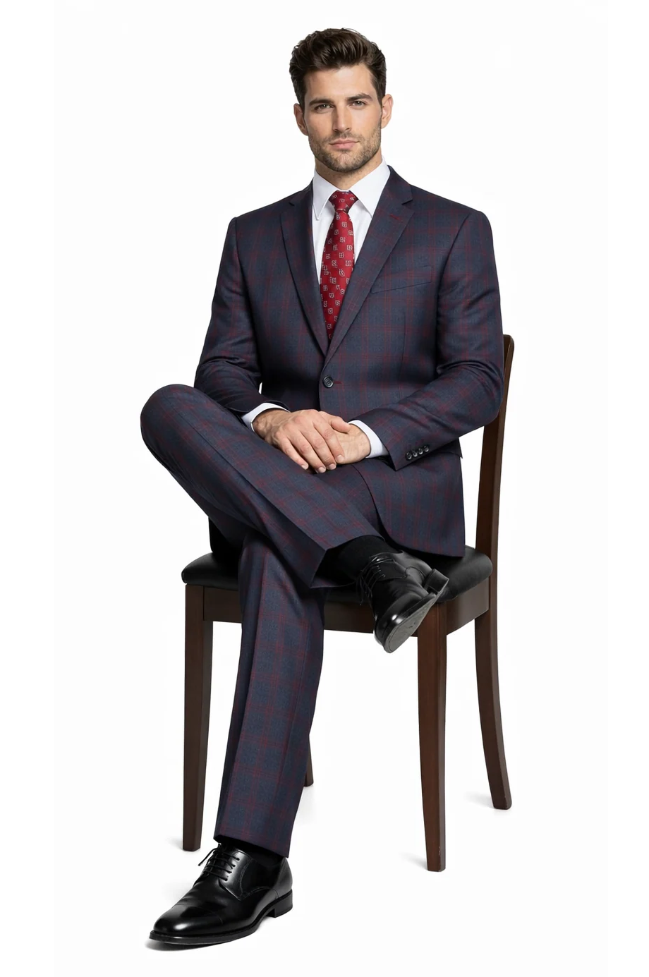 Mens Plaid Suits - Windowpane Wool Suits - Navy Blue with Dark Burgundy Pattern - Business Wool Suit in Classic or modern fit