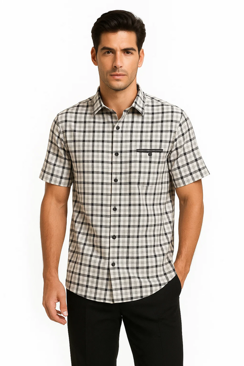 Men's black & gray plaid walking suit. Short-sleeve button-up shirt with breast pocket. Tailored straight-leg trousers. Clean, structured lines. Checkered pattern. Coordinated look.
