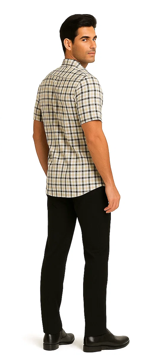 Men's black plaid walking suit by Dreams by Zacchi. Structured fit with short sleeves, collared neckline, and black/white plaid. Straight-leg trousers. Color palette: black, beige, white. Shirt tucks into trousers.
