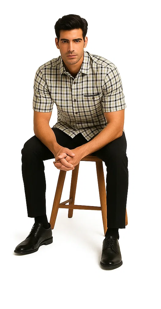 Black plaid walking suit for men. Short-sleeved plaid shirt with button-down collar & pocket. Tailored, fitted black pants. Smooth material. Formal, cohesive design.
