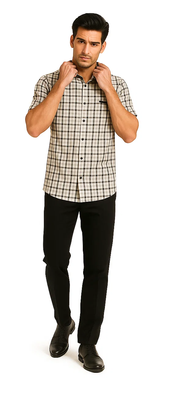 Black plaid men's walking suit. Short-sleeve button-up shirt with light beige & black plaid, straight collar, chest pocket. Paired with fitted, tapered black pants. Smooth material, casual wear.
