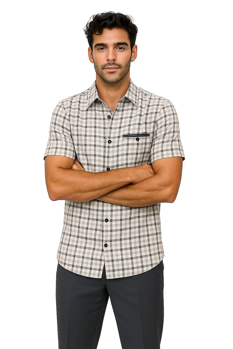 Men's grey plaid walking suit. Short-sleeve shirt with structured collar, button-up front, alternating grey squares pattern, chest pocket with black trim/buttons. Tailored trousers in matching pattern.
