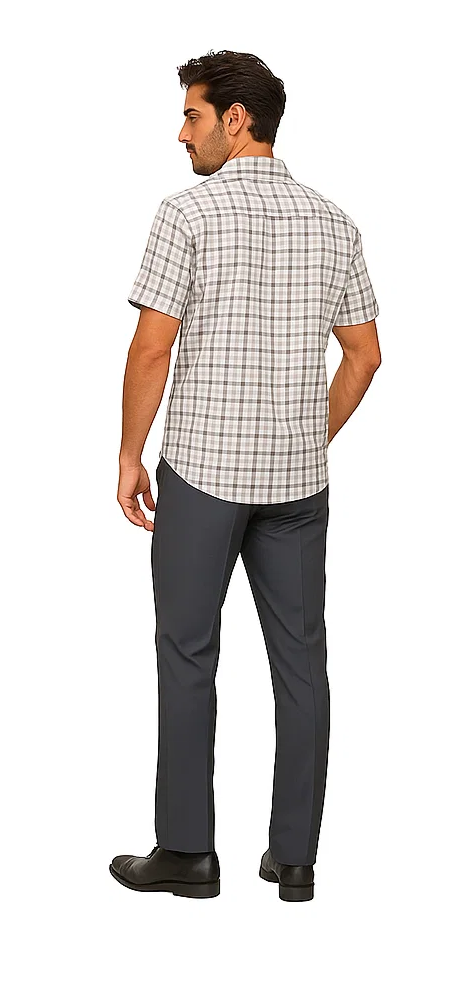 Men's grey plaid walking suit: short-sleeve collared shirt with grey plaid pattern, paired with solid dark grey tailored trousers. Classic and comfortable.

