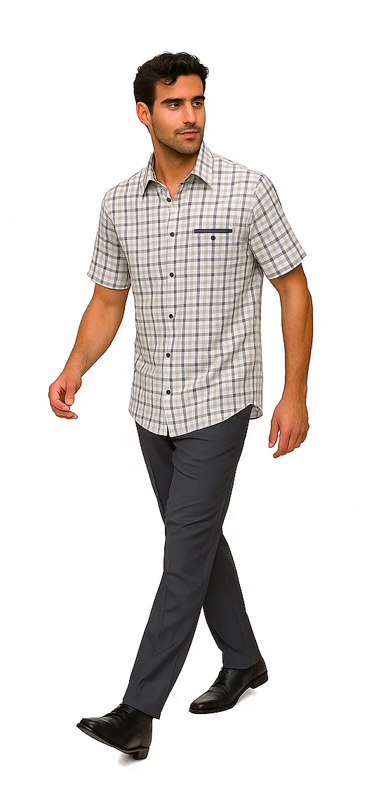 Men's grey plaid walking suit by Dreams by Zacchi. Short-sleeve button-up shirt (grey/navy plaid) with chest pocket & standard collar, paired with tailored, grey pants. Lightweight, fitted, tapered.
