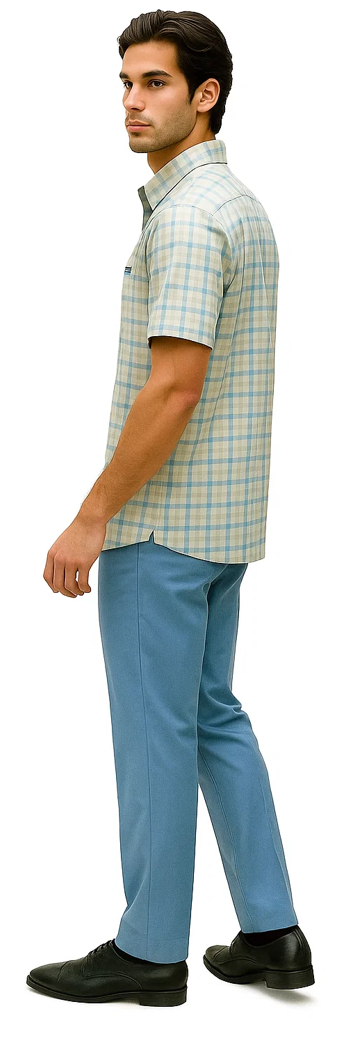 Men's powder blue plaid walking suit. Short-sleeved shirt: light blue/white checkered, classic collar, side slits. Pants: solid powder blue, straight-legged. Outfit complete with black shoes.
