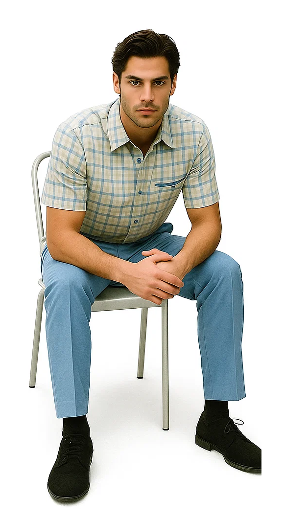Men's powder blue plaid walking suit. Short-sleeve, button-up shirt with light blue/cream plaid, pointed collar, and chest pocket. Solid powder blue straight-leg trousers. Neat, coordinated outfit.
