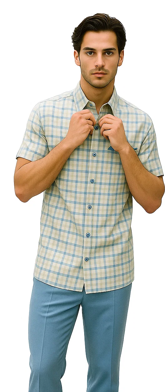 Powder blue men's plaid walking suit: short-sleeve button-up shirt with light blue & beige check, standard collar, blue buttons. Paired with fitted, tapered powder blue trousers in smooth fabric.
