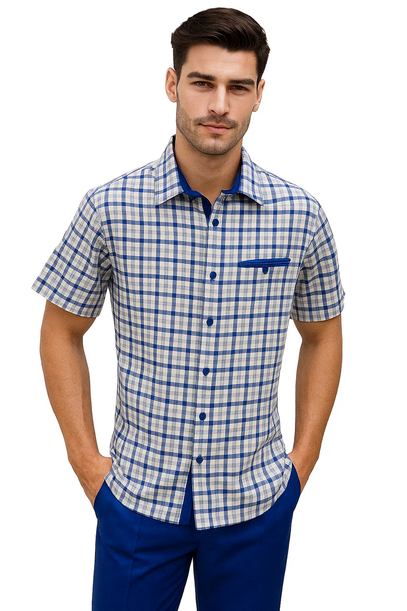 Men's plaid walking suit: Short-sleeve button-up shirt (blue/white check, blue collar, chest pocket) paired with solid blue pants. Lightweight, casual wear.
