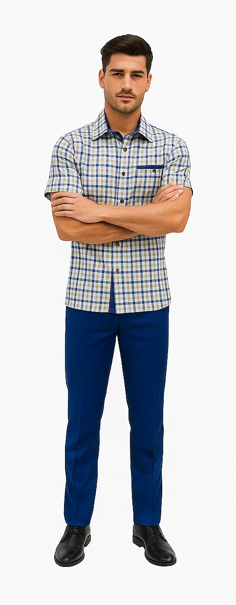 Men's plaid walking suit: Light, short-sleeve collared shirt (blue/green plaid) with chest pocket & buttons. Paired with tailored blue pants. Structured look, contrasting colors, coordinated design.

