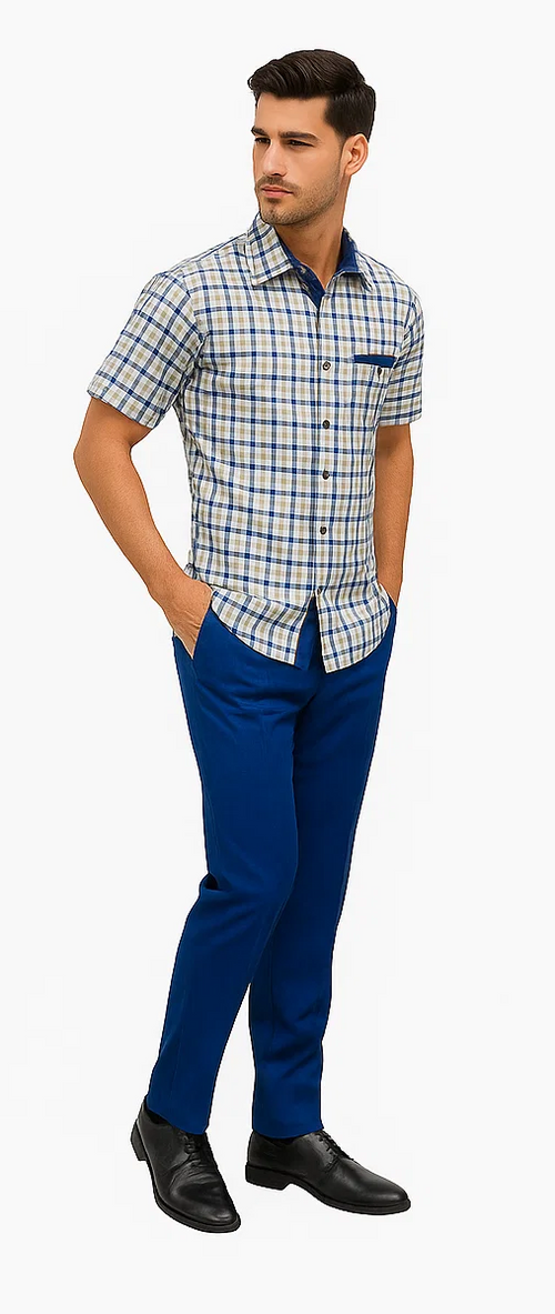 Men's plaid walking suit: Short-sleeve blue/beige check shirt (button-up, front pocket, casual fit) and tailored blue trousers. Perfect for a relaxed, stylish look.
