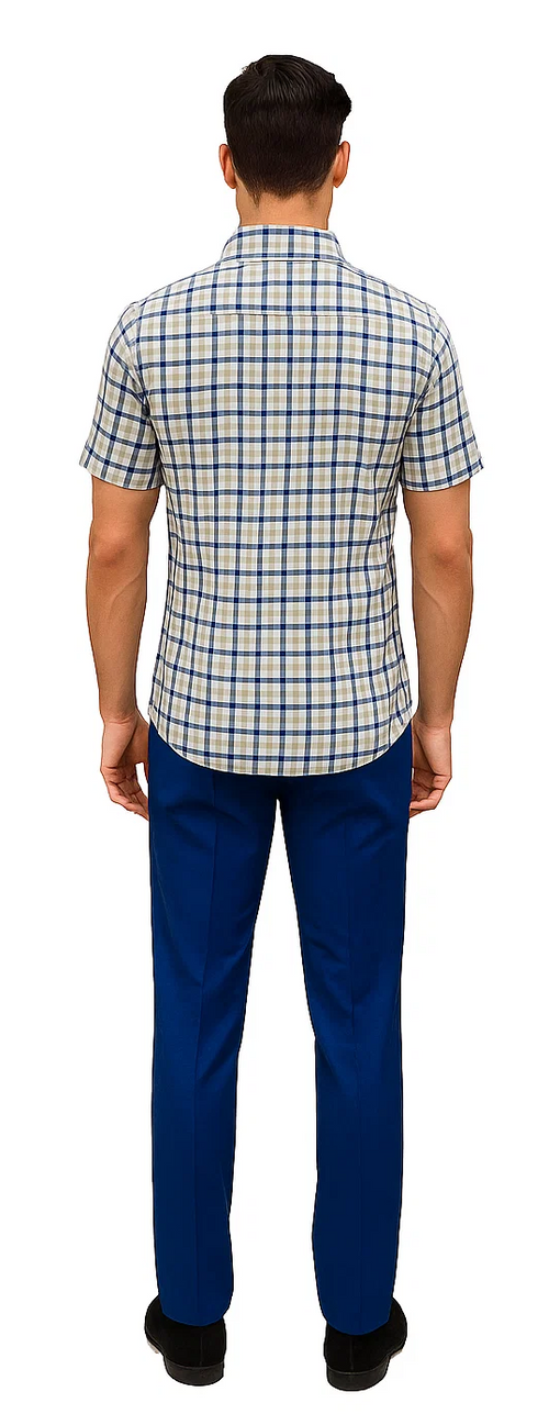 Men's plaid walking suit: short-sleeve button-up shirt in blue/cream plaid, paired with solid royal blue, mid-calf trousers. Shirt features a standard collar and curved hem. Trousers are straight-cut.
