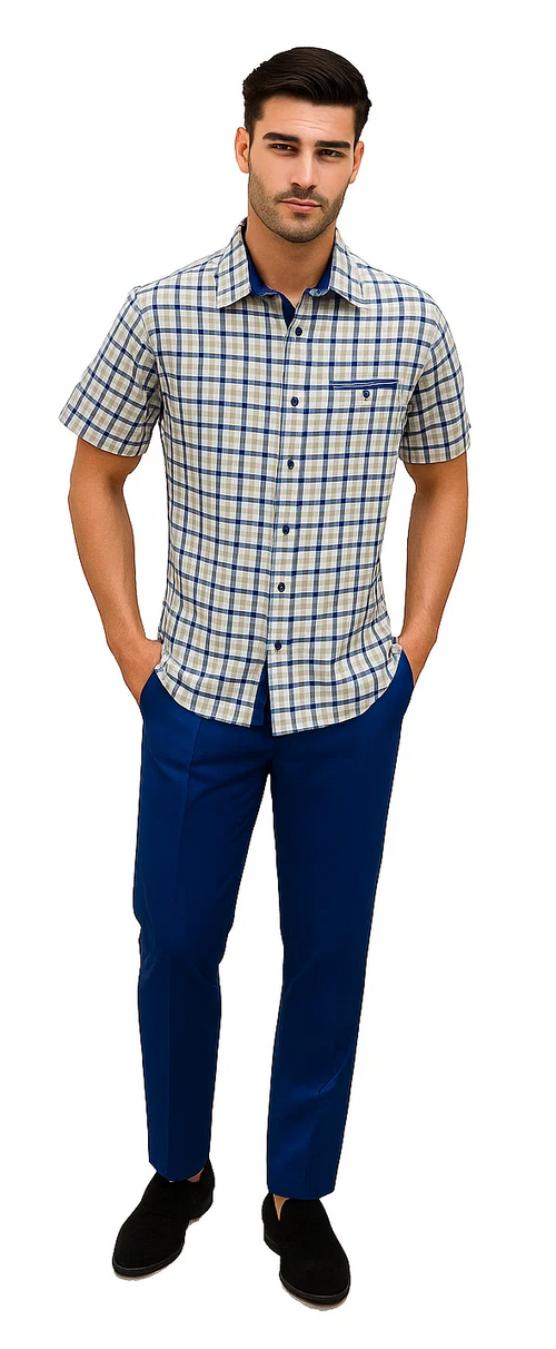 Men's plaid walking suit: short-sleeved beige/navy plaid shirt with straight collar, button-up front, and chest pocket. Paired with solid navy blue straight-leg trousers. Lightweight fabric.
